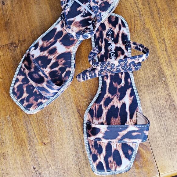 Leopard Rhinestone Open Toe Sling Back Sandal Size 8 - Picture 2 of 6